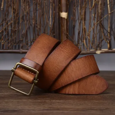 Punch-Free Genuine Leather Men’s Belt – Smooth Copper Buckle Cowhide Retro Solid Color